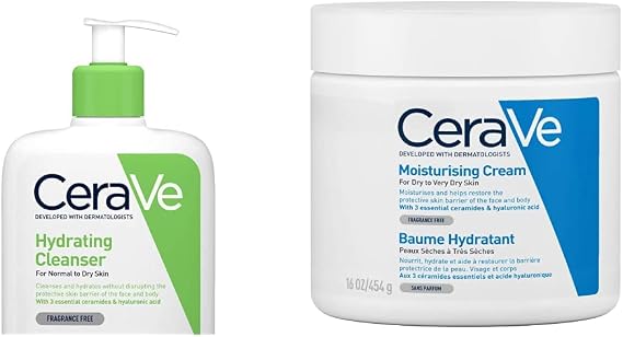 CeraVe Hydrating Cleanser for Normal to Dry Skin 473ml with Hyaluronic Acid & 3 Essential Ceramides & Moisturising Cream for Dry to Very Dry Skin 454g with Hyaluronic Acid & 3 Essential Ceramides