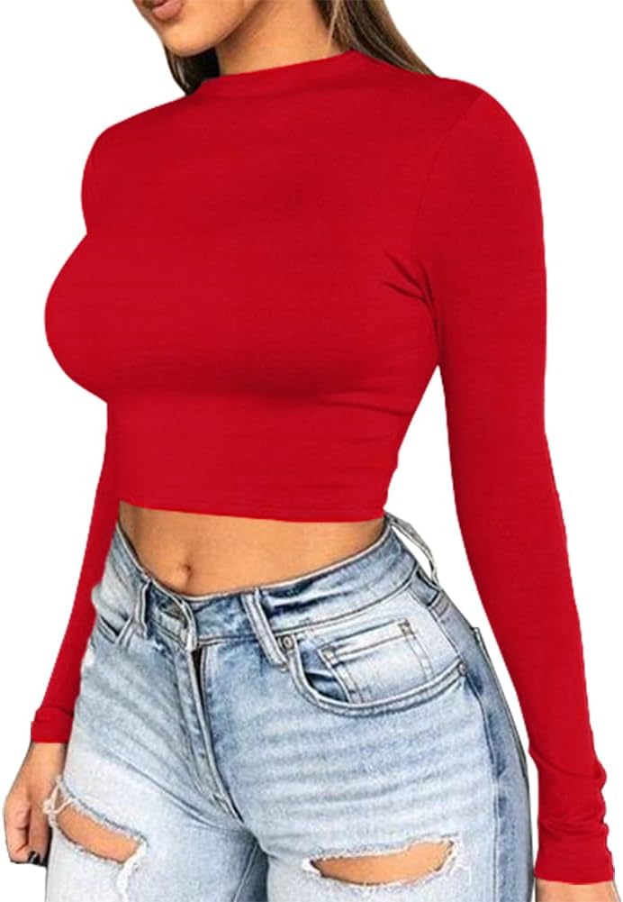 Artfish Ladies Long Sleeve Stretchy Crop Top Sexy Slim Fitted Neon Shirts