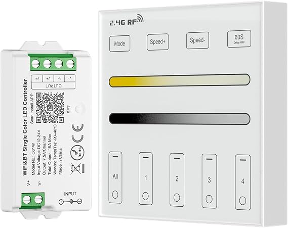 BTF-LIGHTING C01W Monochrome PWM (+V -V) 2PIN LED Strip 2.4GHz WiFi Group Controller Alexa Google Home, WR02RF Wireless RF 4 Zone Single Color Wall Mounted Smart Panel Remote