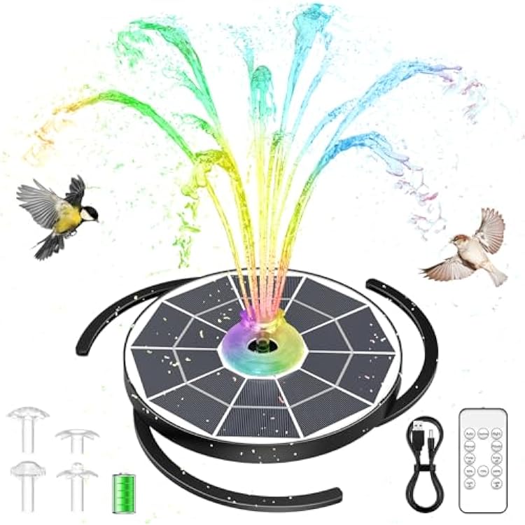 AISITIN 6.5W Solar Glass Panel Fountain, LED Colorful Lights & Remote Control, Rechargeable with Storage, Solar Powered Water Fountain Pump with Integrated Bracket for Bird Bath, Garden, Outdoor, Pond