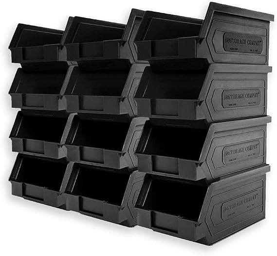 12 Pack Small Storage Bin, Wall Mount Storage, Hanging and Stacking Bin, Freestanding | 7” x 4” x 3” Plastic Container | Black | Zeus 1PLZ06 | StorageCompat
