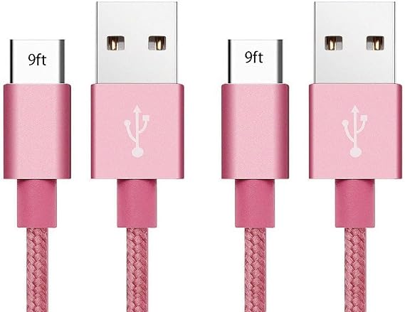 USB Cケーブル 9フィート ロングAndroid携帯電話充電器 プレミアムナイロン編組 高耐久 Type-C 2.0 高速充電コード Samsung Galaxy S21 / S20 / S9 / S8、Note、Pixel、Motoなど用 - ピンク 3パック