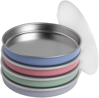 Elk and Friends 7.8 Stainless Steel Non Divided Plates with Silicone Sleeve  Storage Lid | Baby, Toddler, Kids | Dishwasher Safe | Dinner & Snack Plates | 4 Pack