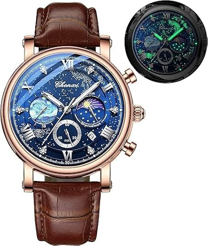 Tiong Classic Multifunctional Analogue Men's Watch Luminous Time Watch Starry Sky Moon Phase