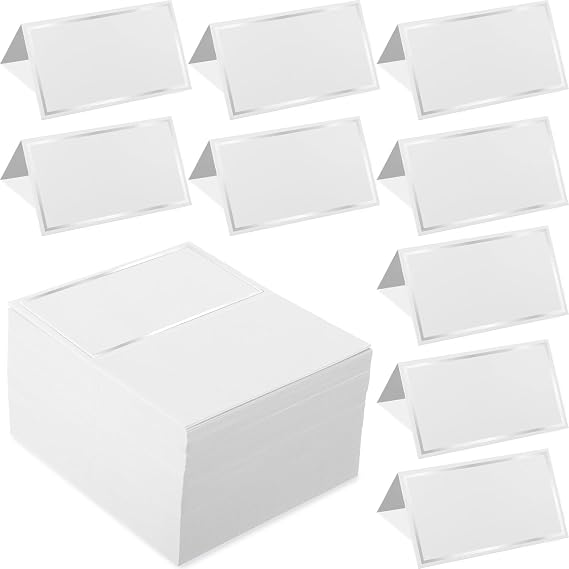 Teling 150 Pcs Name Place Cards with Foil Border Blank Escort Small Table Tent Cards for Party Table Seating Weddings Banquets Dinner Birthday Events, 2 x 3.5 Inch(Silver)