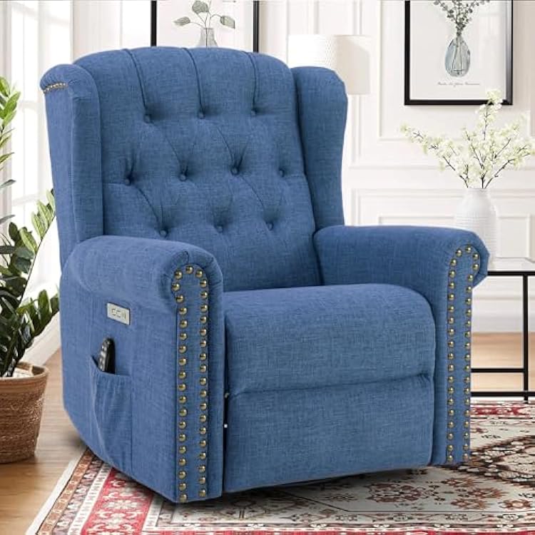 Power Swivel Rocking Glider Recliner Chair with Massage and Heat, Electric Nursery Glider Rocker for Living Room, Wingback Tufted Upholstered Recliner Chair with Type-C & USB Ports, Blue