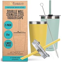 tweevo Sippy Cups For Toddlers 1-3 - Toddler Cups w/Screw Lids - Stainless Steel Kids Cups With Straws and Lids - 2 Pack (Yellow & Blue, 12oz)