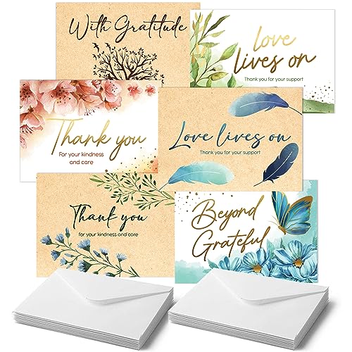 T MARIE 48 Gold Foil Funeral Thank You Cards - 4.5 x 6.25 Rustic Style Designs - Bulk Sympathy Thank You Notes with Envelopes - 6 Assorted Greeting Designs With Messages Inside