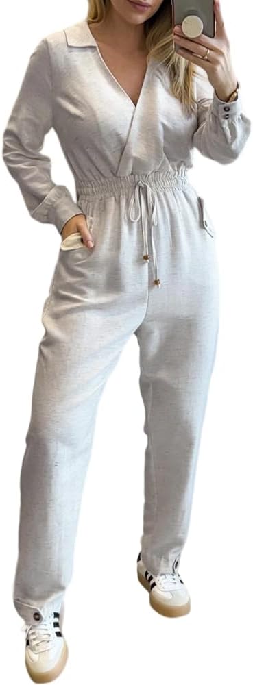 CHICME Casual Jumpsuits for Women Lapel V-Neck Long Sleeve Drawstring Waist Jumpsuit with Side Pockets