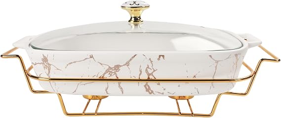 Porcelain Casserole Baking Dish with Glass Lid and rack,2200 ML Serving Soup Tureen, Chafing Dish for Buffet, food preserve Tray, Catering Casserole for Party Style