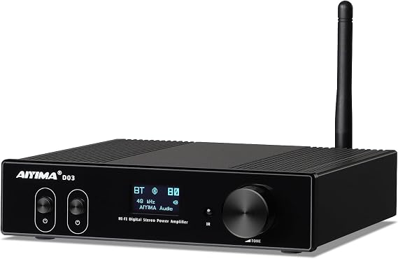 AIYIMA D03 Bluetooth 5.0 DAC Amplifier 150 Watt x 2 Stereo HiFi 2.1 CH Digital Sound Amplificador 24Bit/192kHz Class D Power Amp USB Coaxial Optical OLED AptX, Support Subwoofer & with Remote
