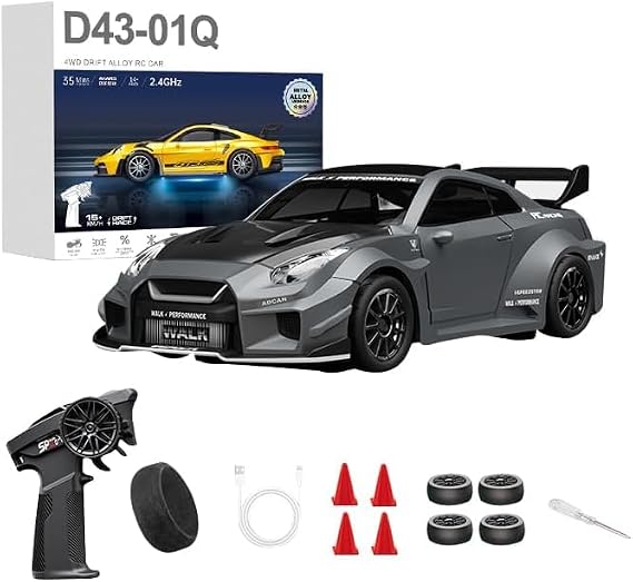 1:43 RC Drift Car 20KM/H with Gyro, 2.4G 4WD Full Proportional Alloy Sport Racing Car, Adjustable Speed, LED Lighting for Teens & Adults-D43-01