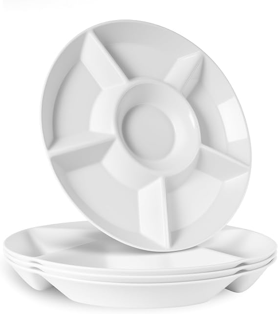 12.4 Inch Round Snack Plates with 6 Compartments Set of 4 Plastic Serving Plates Serving Tray for Party Buffet Snack Nuts Candy White