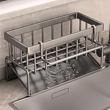 Sink Caddy Kitchen Sink Organizer, Sponge Holder for Kitchen Countertop for Dish Brush Gloves, Dish Cloth Hanger, Rustproof Kitchen Caddy with Drip Tray (Grey)