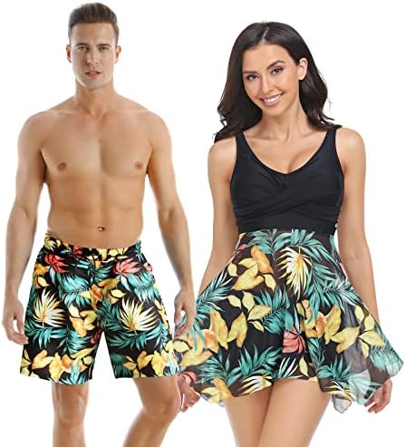 Matching Swimsuits for Couples Women Swimdress with Boy-Short Tankini Set Men Swim Trunks Board Short Modest Swimwear