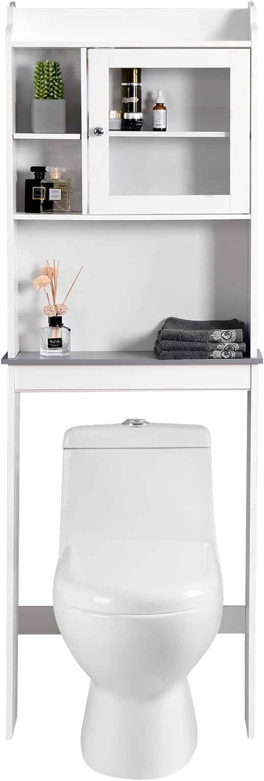 Over-The-Toilet Storage Cabinet, Freestanding Wooden Bathroom Spacesaver Organizer with Adjustable Shelves, Storage Cabinet Shelf for Home Bathroom, White