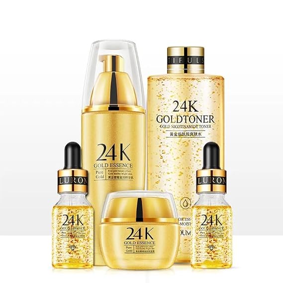 Luxe 24K Gold 5-Piece Skincare Set Organic Collection with Gold Toner, Essence Milk Serum, Hyaluronic Acid, Collagen, Retinol, Kojic Acid & Vitamin C Radiance & Luminous Glow for All Skin Types