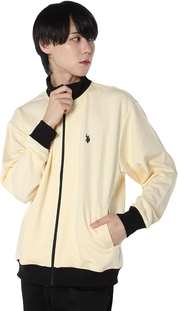US Polo Assault PLM43300 IV/BK Men's Stand Collar Sweat Jacket Stand Collar Sweat Jacket, IV/BK, L