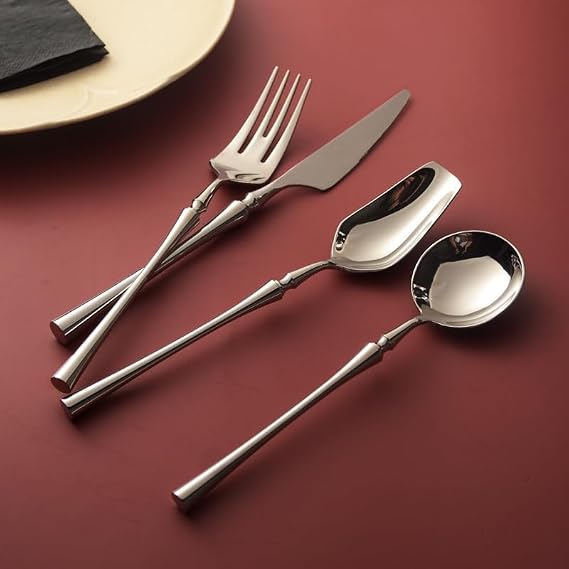 Cutlery Flatware Cutlery Set, 4/16/24/32/40/48 Pieces Light Luxury Small Waist Handle Tableware Household 304 Stainless Steel Mirror Knife Fork Spoon Soup Spoon Set,Silver-16 Piece set for 4