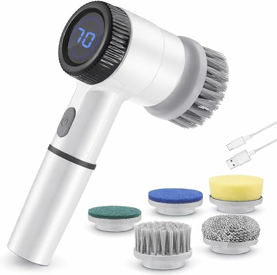Coverzone 5 Başlıklı Şarjlı Temizlik Fırçası, Döner Güçlü Motorlu Mutfak Banyo Temizlik Aparatı, Lavabo Fayans Küvet Ocak Tencere Cam Fırçası, Type-C Şarjlı 360° Dönen Scrubber | ORM-276