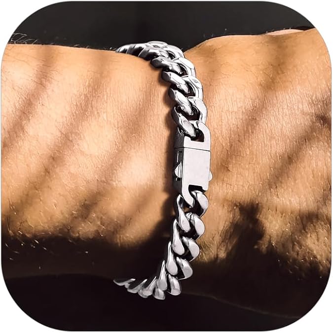 Bandmax Mens Hip Hop Cuban Link Bracelets 5/7/9/12MM Stainless Steel Miami Curb Chain Bracelet Silver/Gold Plated/Black Wristlet Chains for Men 7"-9"