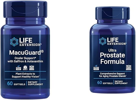 Life Extension Macuguard Ocular Support with Saffron & Astaxanthin 60 Count and Ultra Prostate Formula Saw Palmetto 60 Softgels