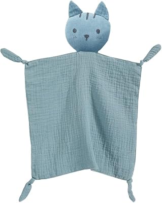 insular Lovey Blanket for Boys and Girls, Organic Cotton Muslin Security Blanket for Babies, Soft Breathable Lovie Soothing Towel for Newborn and Infant, Blue Cat