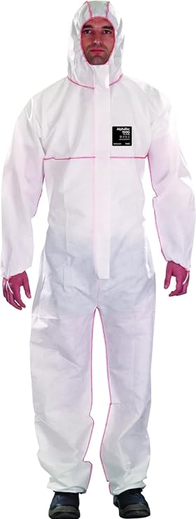 Ansell AlphaTec 1500 PLUS Model 111, Disposable Work Overall with Hood, Chemical Protection Type 5, Water Repellent and Flame-retardant, Industrial Safety Workwear, Men Women, White, Size L (1 Unit)