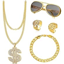 80s 90s Accessories Outfit for Men Hip Hop Costume Kit Gold Sunglasses Dollar Money Sign Necklace Rings Adjustable Gold Chain Bracelet Disco Themed Party Outfits