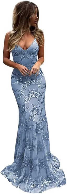 Mermaid Prom Dresses for Women 2025 Sparkly Sequin Spaghetti Strap V Neck Backless Formal Evening Gowns for Teens Dusty Blue Size 0