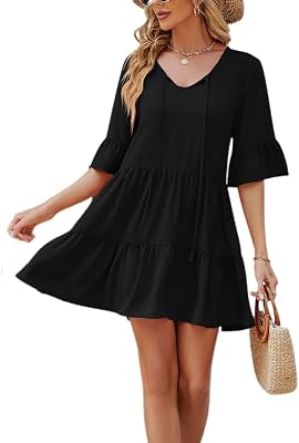 Womens Ruffle Short Sleeve O-Neck A-Line Short Dresses Summer Drawstring Crewneck Mini Dress