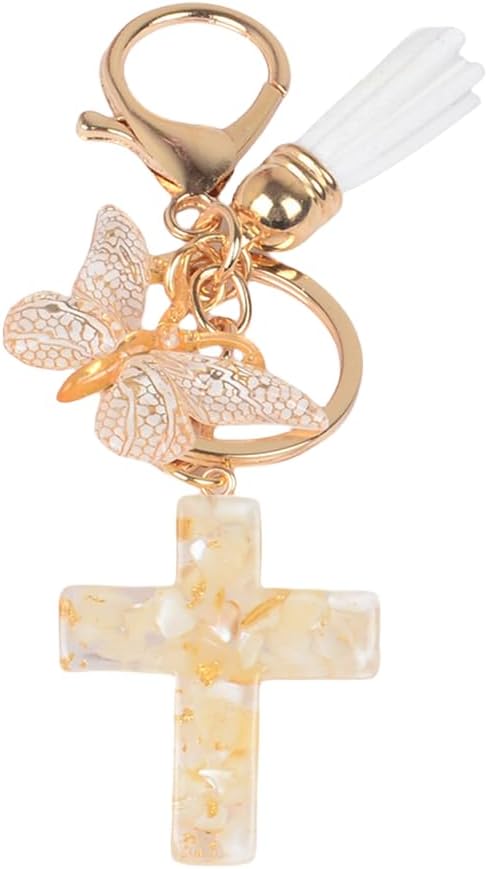 Resin Cross Keychain, Butterfly Resin Crosses Keyring for Women, Key Ring Accessories Bag Charms (Beige)