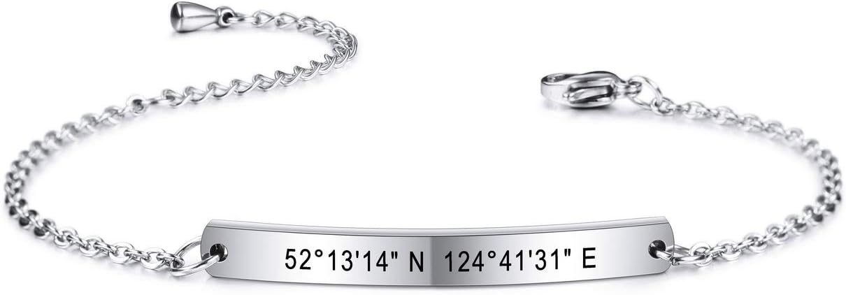 MeMeDIY Personalized Bracelet Customized Engraving Name/Date/Coordinates for Women Girlfriend Best Friend Stainless Steel Ankle Link Birthstone Bar Bracelet with Adjustable Chain Bridesmaid Gift