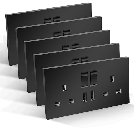 CNBINGO Double Switched Socket with 2 USB-A Ports, Electric Power Sockets 2 Gang 13 Amp, Black PC Plate Wall Outlet, 5 Pack