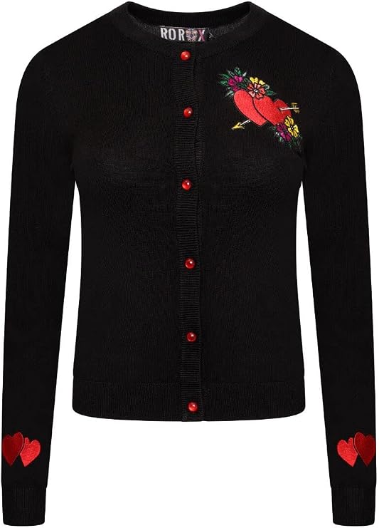 Ro Rox Heart Cardigan Leana Rockabilly Embroidery Knitted Long Sleeve