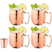 Royalty Art Moscow Mule Mugs Set of 4 16oz Hammered Copper Finish with Large Comfort Grip Handle, Stainless Steel Interior, Bonus Shot Glass Cocktail Barware Gift Set