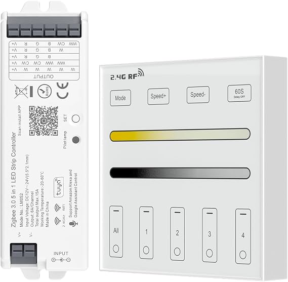BTF-LIGHTING WR02RF Wireless 2.4G RF 4 Zone Single Color CCT Wall Mounted Smart Panel Remote,LM052 Zigbee 3.0 LED Controller Compatible with Echo Plus Echo(4th Gen) Philip H-UE Home-kit Gateway