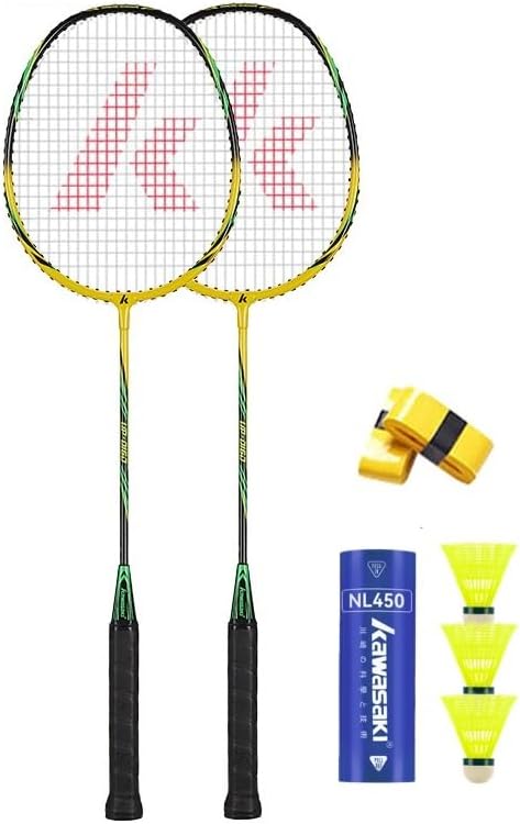 Kawasaki Badminton Racket Set of 2, Graphite Shaft Alloy Frame Lightweight Badminton Rackets for Training, Sports and Entertainment, with 3 Badminton shuttlecock, 2 Overgrips and 1 Bag