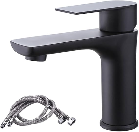 Basin Tap Mixers Bathroom Sink Tap, Single Lever Hot and Cold Stainless Steel Basin Mixer Tap with Ceramic Valve Core, Includes Hoses & Fitting Kit (Black)