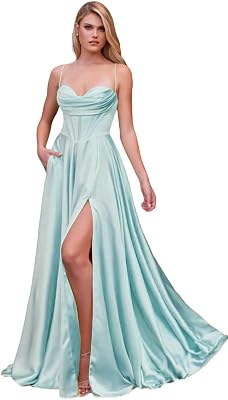 Womens Satin A Line Bridesmaid Dresses with Slit Long Cowl Neck Formal Cocktail Party Dress with Pockets
