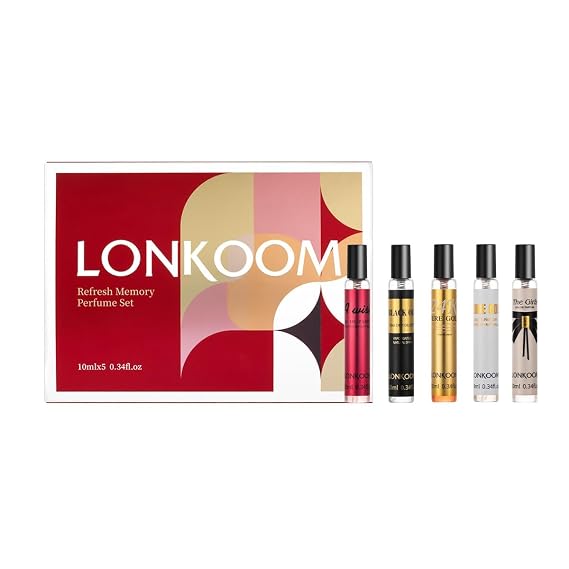 Lonkoom Christmas Perfume Samples Gift Set for Women Men, Unisex Eau de Parfum Spray Long Lasting Fragrance, 5x0.3 Fl Oz Floral Fruity Woody Notes of 24K Pure Gold, Red Wish, Black Oud, Girls, Noble