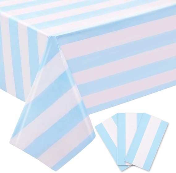 Light Blue and Withe Striped Tablecloth Plastic 3 Pack 54 x 108 in