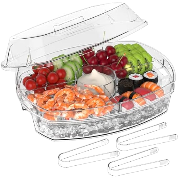 Ice Chilled Party Platter - 15 Divided Serving Tray with Lid and 4 Compartments, Clear Fruit Trays for Serving for Party, Ideal Cold Chilled Serving Trays for Parties, Shrimp Cocktail, Etc