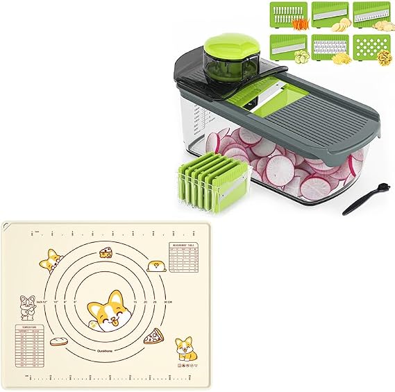 Ourokhome 6 in 1 Mandolin Vegetable Slicer, Multifunctional Veggie Slicer Shredder with Container, Silicone Baking Mat Sheet and Pastry Dough Cutter, 0.5 Inch Thick 20'' X 16" Silicone Rolling Mat