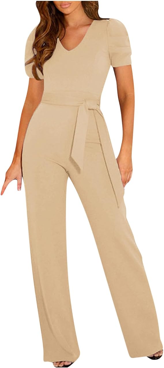 Slim Fit Jumpsuit Women V Neck Dressy Romper Classy Wide Leg Playsuit Sexy Casual Strappy Waist Up Romper Pants