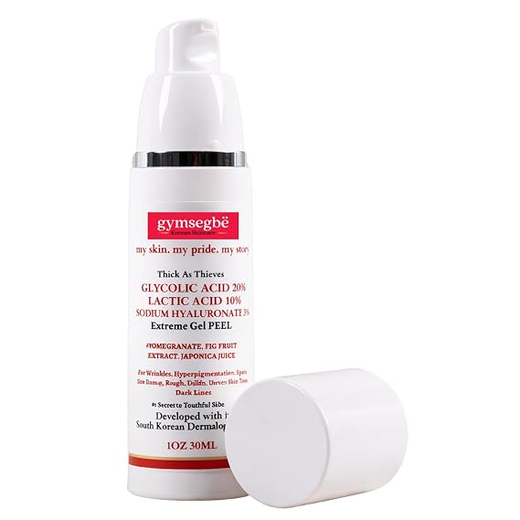gymsegbe Glycolic + Lactic Acid Gel Peel, 20% Glycolic + 10% Lactic + 3% Sodium Hyaluronate, Weekly PM Exfoliant for Dull, Rough, Uneven-Looking Skin, Fragrance-Free, 30 ml