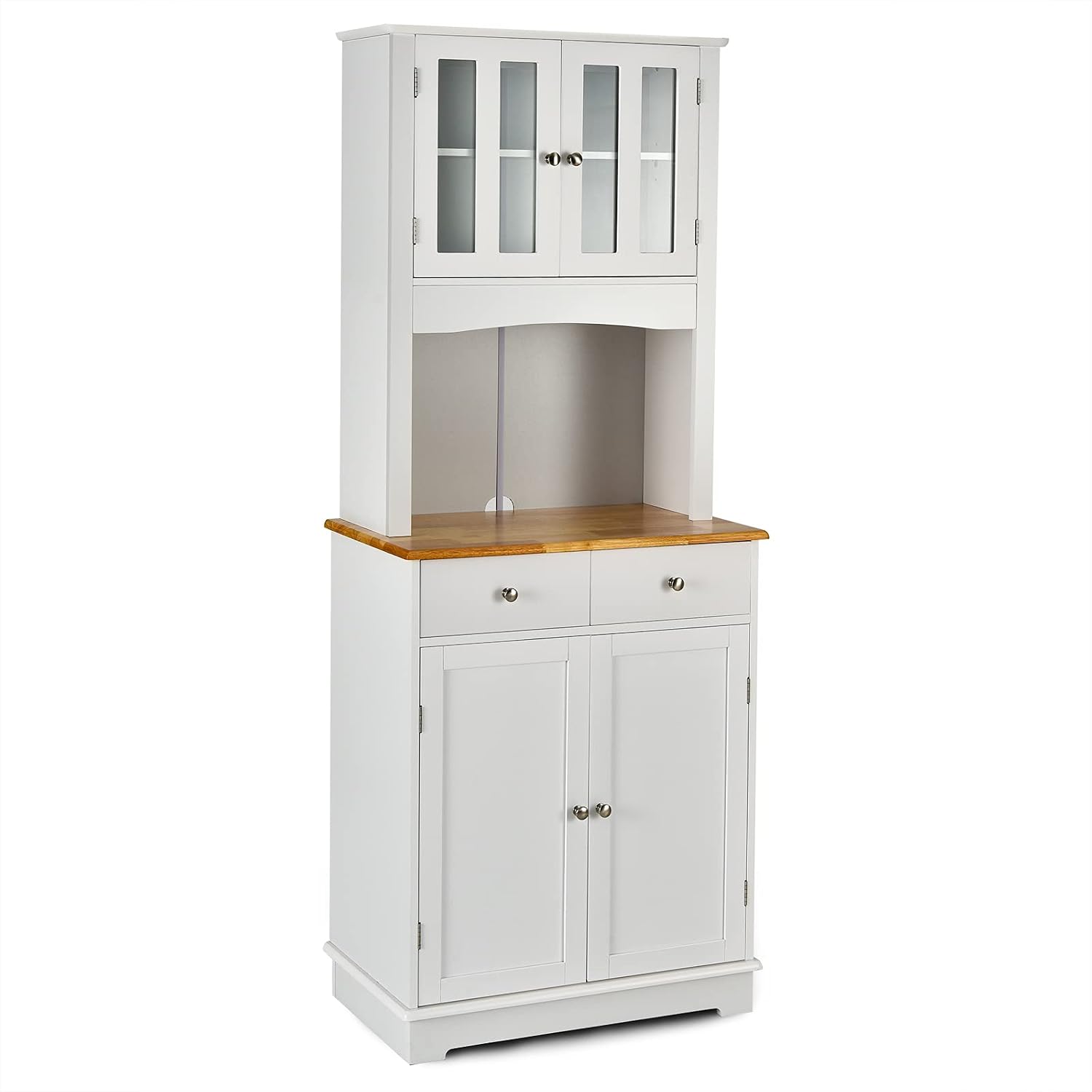 Kitchen Pantry Cabinet, Freestanding Large Storage Cabinet wHutch & 2 Drawers, Adjustable Shelves Design, Large Space for Microwave, Rubber Wood Countertop Ideal for Kitchen, Living Room