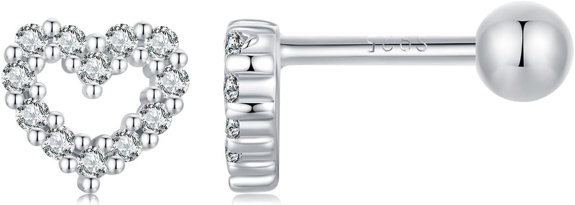 Kokoma 18G Love Heart Sterling Silver Earrings Hypoallergenic for Women Girls Cubic Zirconia Cartilage Tragus Piercing Earrings Post Screw Back Small Ear Jewelry