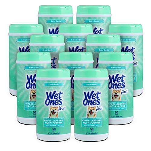 Wet Ones for Pets Hypoallergenic Multipurpose Dog Wipes with Vitamins A, C and E - Fragrance-Free All-Over Pet Grooming Wipes for Dogs in Canister, 50 Count - 12 Pack