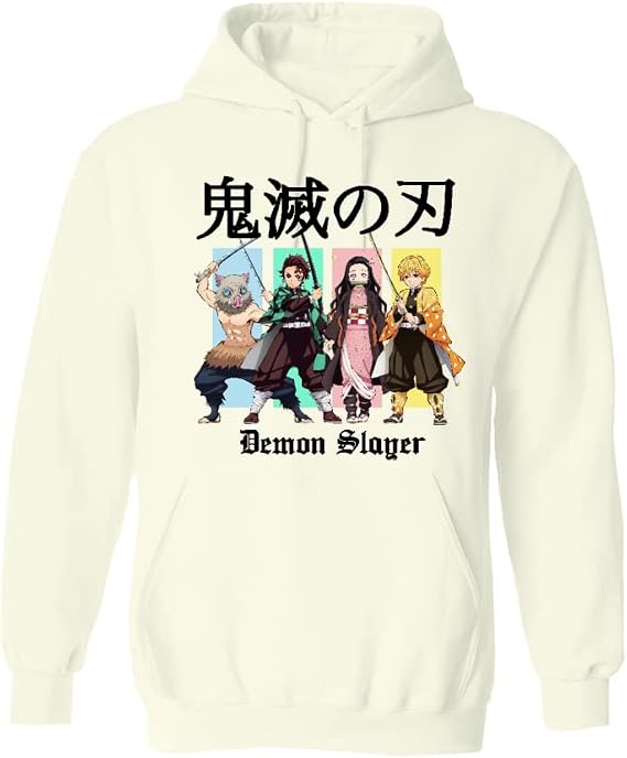 Demon Slayer Gang Kanji Men's and Women's Pullover Hooded Sweatshirt (Cream, Large)